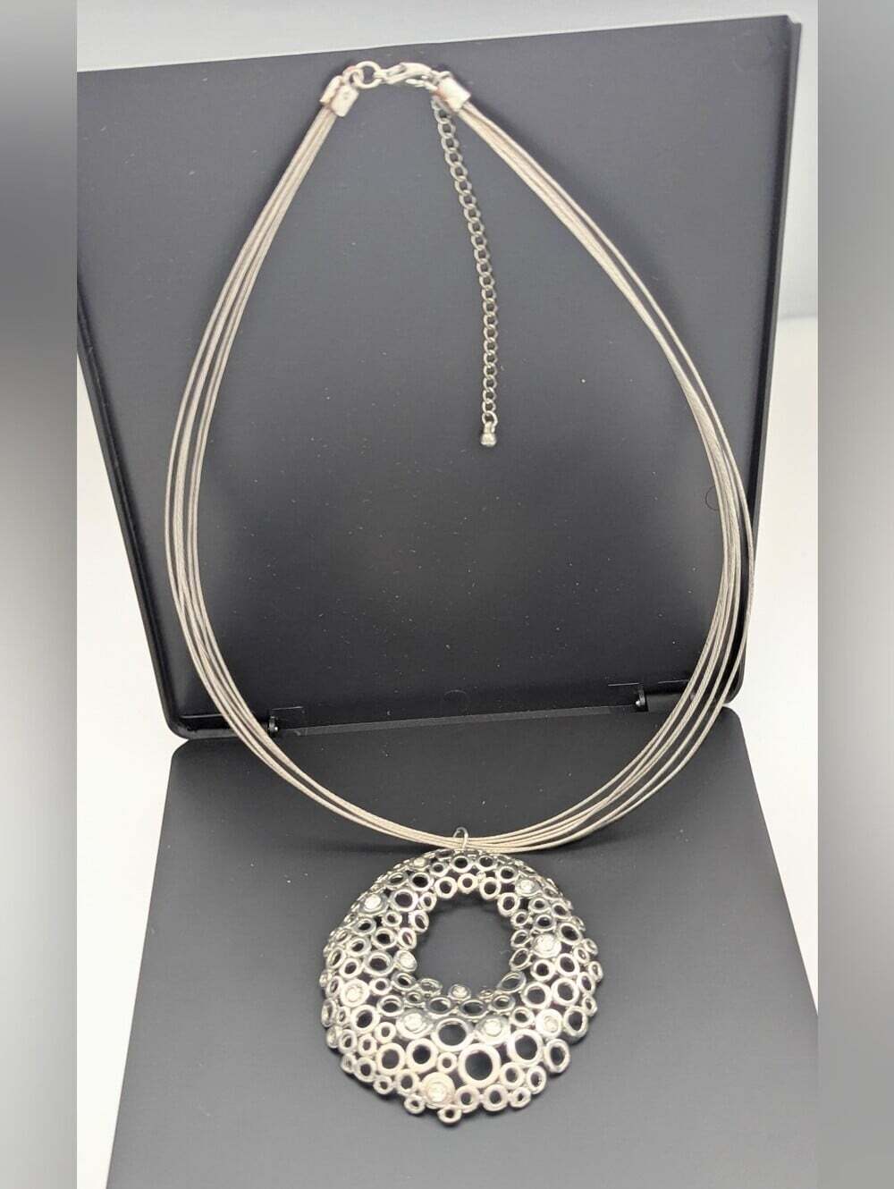 Silver-Tone Multi-Strand Filigree Necklace w/Circle Pendant & Sparkly Crystals